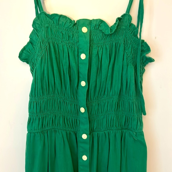 Linen Blent Tie Straps Green Dress Size XS with Stretch, Pockets Button Front - Picture 3 of 6